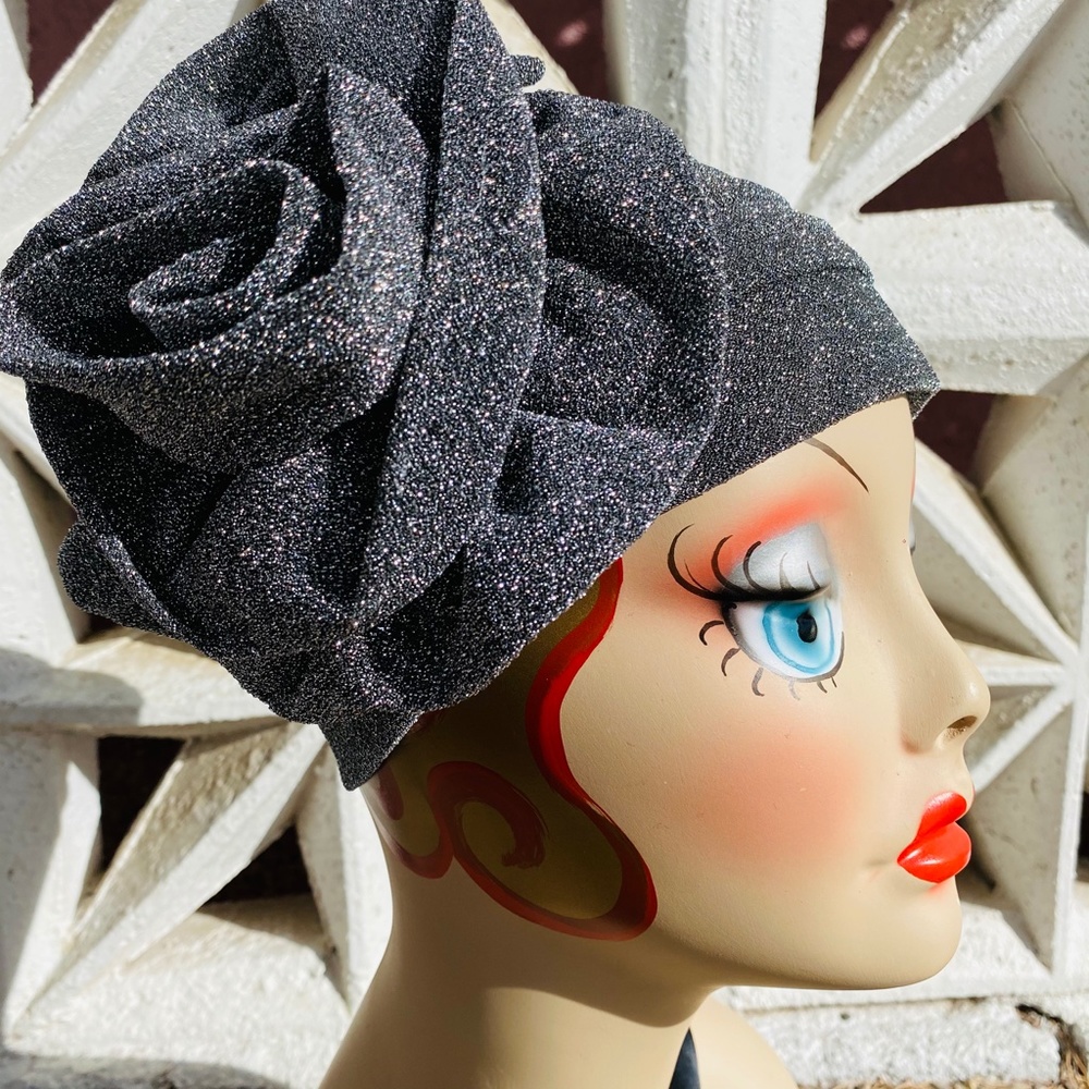 Gun Metal Silver Gorgeous sparkle metallic flower turban hat cloche